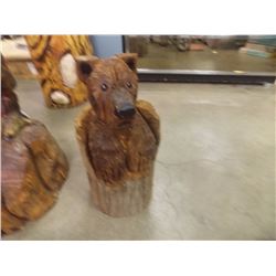 UNIQUE HAND CRAFTED CHAIN SAW CARVING - BEAR ON STUMP - DARK COLOR