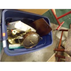 BIN OF BRASS CANDLE HOLDERS, POTS & MORE