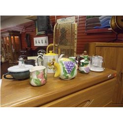 LOT OF MISC TEA POTS, JARS, BLENDER, JARS