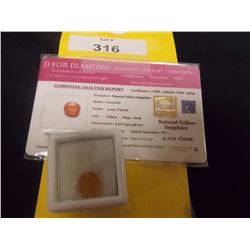 GEMSTONE - 4.12CT OVAL FACETTED YELLOW SAPPHIRE I - NCLUDES GEMSTONE ANALYSIS REPORT - APPROX. RETAI