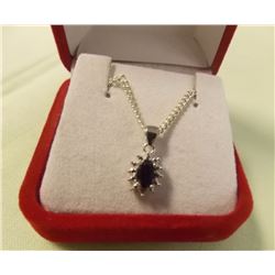 NECKLACE - BLACK SAPPHIRE AND GENUINE DIAMONDS IN STERLING SILVER SETTING WITH PLATINUM OVERLAY FOR 