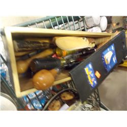 WOOD BOX OF TOOLS - KNIFES, CHISELS AND MORE