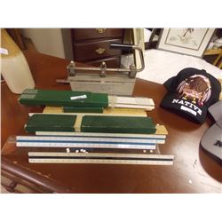LOT OF MISC - RULERS, VINTAGE SLIDE RULES, HOLE PUNCH  AND MORE