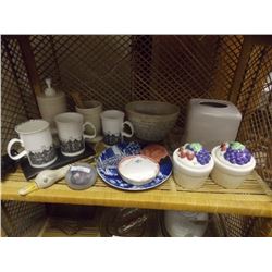 SHELF LOT OF COLLECTABLES AND OTHER - SOAP STONE, CUPS, BOWLS AND MORE