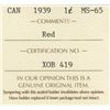 Image 3 : 1939 Canada ICCS Graded Small One Cent Penny Coin - MS-65; Red