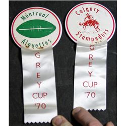 2 Vintage 1970 Grey Cup Buttons - Calgary Stampeders & Montreal Allouettes