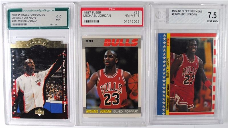 1987 FLEER MICHAEL JORDAN PSA 8 1987 88 FLEER STICKER JORDAN BGC 7 5 1987 FLEER MICHAEL JORDAN PSA 8 1987 88 FLEER STICKER JORDAN BGC 7 5