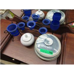 Pottery, blue glass candle holders, goblet
