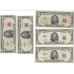 1963 $5 Red Seal Bill Lot of 5