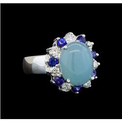 14KT White Gold 4.43 ctw Aquamarine, Sapphire and Diamond Ring