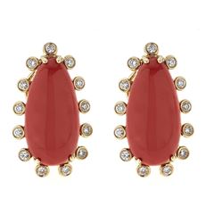 9.07 ctw Coral and Diamond Earrings - 14KT Yellow Gold