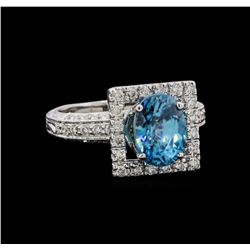 4.07 ctw Blue Zircon and Diamond Ring - 18KT White Gold