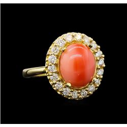 14KT Yellow Gold 3.20 ctw Coral and Diamond Ring