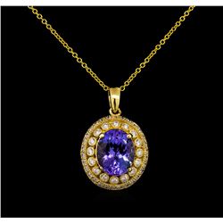 4.35 ctw Tanzanite and Diamond Pendant With Chain - 14KT Yellow Gold