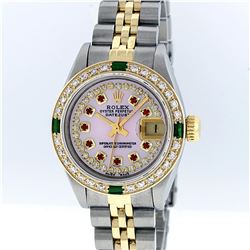 Rolex Two-Tone Pink MOP Ruby and Emerald Diamond DateJust Ladies Watch