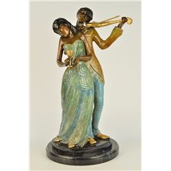 18 LBS Man Serenading Young Lady Violin Player Bronze Sculpture (19"X11")