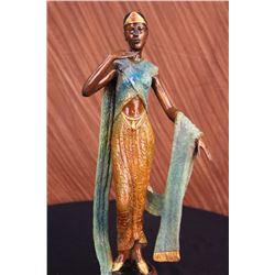 11 LBS Art Deco Green And Gold Patina Egyptian Princess With Gown Bronze Sculpture (19"X9")