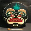 Image 1 : LARGE CEREMONIAL DRUM WITH 'YOGIES' (SEA MONSTER) PAINTED ON FRONT.  DRUM COMES WITH BEADED