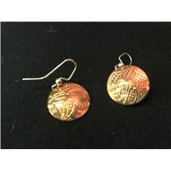 PAIR OF RAVEN ENGRAVED COPPER EARRINGS STAMPED WITH ARTISTS INITIALS 'RD'