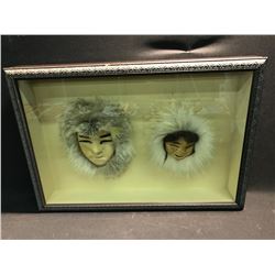 PAIR (HIS AND HERS) OF INUIT SNOW MASKS, COME IN BEAUTIFUL GLASS FRONT CABINET