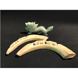 CARVED JADITE ASIAN DRAGON AND TWO BONE TUSKS CARVED WITH ELEPHANTS