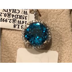 14KT GOLD BLUE TOPAZ (4.11CT) PENDANT WITH SEVERAL DIAMONDS