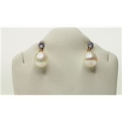 #17-14K GOLD FW PEARL & TANZANITE EARRINGS