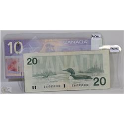 CANADA 2005 AND 1991 10 AND 20 DOLLAR RADAR NOTES