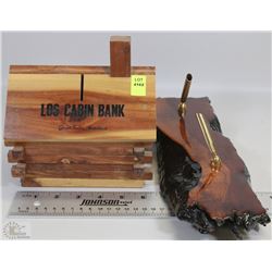 WOODEN LOG COIN PIGGY BANK AND WOOD DESK PEN