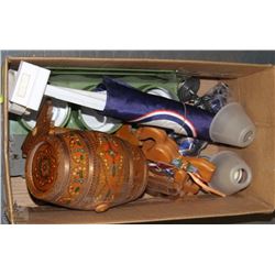 BOX OF MISC ITEMS INCLUDES A WINE DECANTER