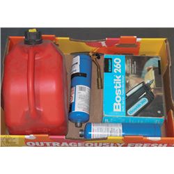 BOSTICK GLUE GUN, JERRY CAN , AND 2 BUTANE TORCHES