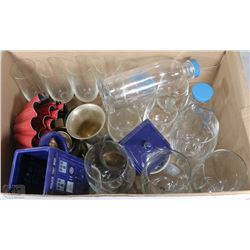 BOX OF GLASSES, BOTTLES, ETC.