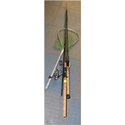 PAIR OF FISHING RODS AND REELS  AND DIP NET