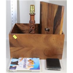 WOOD BOX OF ESTATE ITEMS INCLUDING WOOD LAMP