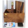 Image 1 : WOOD BOX OF ESTATE ITEMS INCLUDING WOOD LAMP
