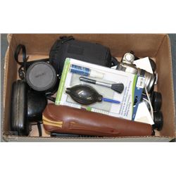 BOX OF ESTATE ITEMS INCLUDING VINTAGE CAMERAS