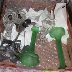 FLAT OF CRYSTAL, GLASS AND PEWTER CANDLE HOLDERS