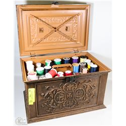 BROWN SEWING BOX FULL OF SEWING