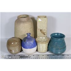 LOT OF 6 DECORATIVE POTTERY STYLE VASES AND MORE