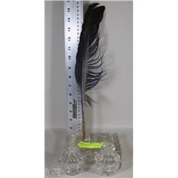 2 GLASS INKWELLS AND FEATHER RIB