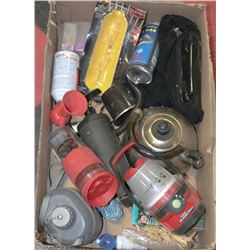 LARGE BOX OF CAMPING GEAR - KETTLE,