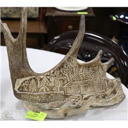 NATIVE HAND CARVED  ANTLER WITH CABIN SCENE