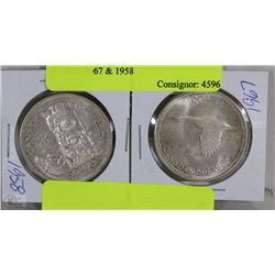 2 CANADIAN SILVER $1 DOLLAR COINS 1967 & 1958