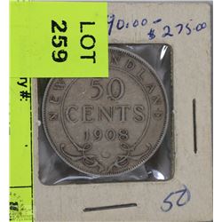 CANADIAN 1908 NEWFOUNDLAND 50CENT COIN