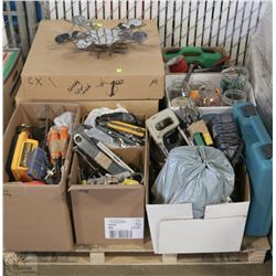 PALLET OF VARIOUS SHOP TOOLS INCL HAMMERS, NUTS,