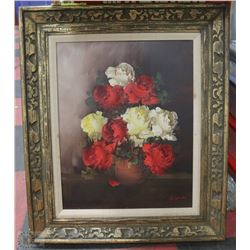 24" X 28" FLORAL FRAMED OIL ON CANVAS BY