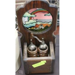 VINTAGE SALT AND PEPPER MILL WITH WOODEN HOLDER