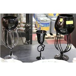 3 BLACK GLASS ROMANCE CANDLE HOLDER SET