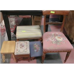 NEEDLEPOINT ESTATE SIDECHAIR WITH 4 ASST. STOOLS