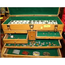 WOODEN LINED CHEST  WITH DRAWERS, FILLED W/ COINS